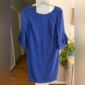 NINE WEST Royal Blue Swiss Dot Ruffle Sleeve 100% Cotton Midi Dress
